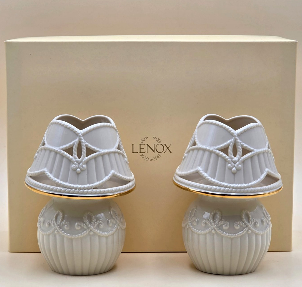 Lenox Carved Tea Light Lamps Candle Holder Lamp Set of 2 Ivory Porcelain 6395164